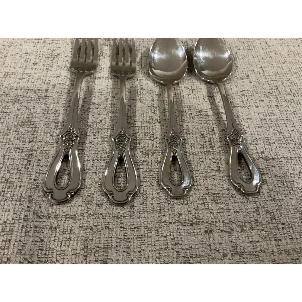 Oneida Isabella Stainless Flatware 4pc Set 2 Forks 2 Spoons Pierced Rose Design